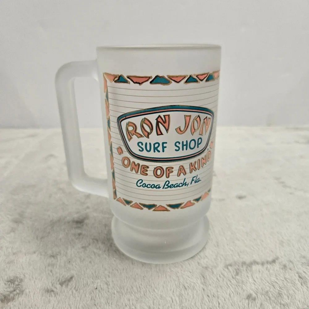 Ron Jon Surf Shop Frosted Glass Beer Mug One of a Kind Cocoa Beach Florida Logo